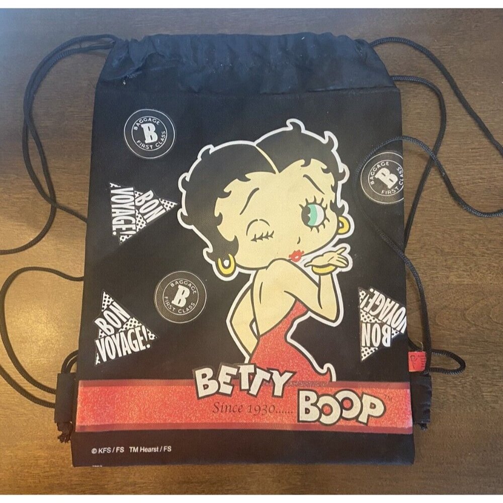 Betty Boop black Bon Voyage drawstring bag backpack 14"x10.5" made 2006